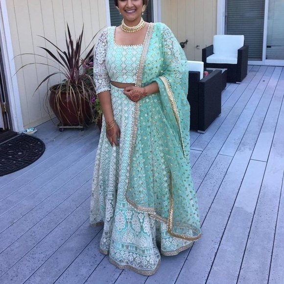 Pastel Blue Chikankari Lehenga Choli And Net Dupatta For Women - Picture 1 of 4